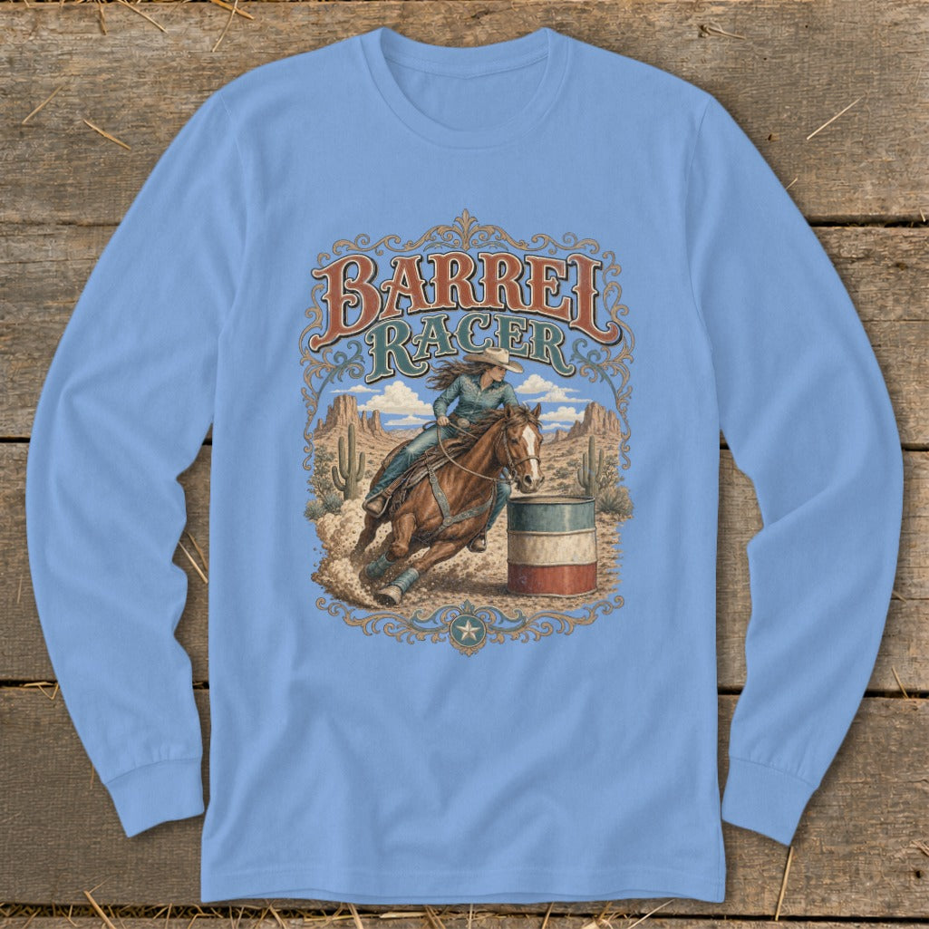 Barrel racer on horseback rounding a barrel in a desert landscape with text.