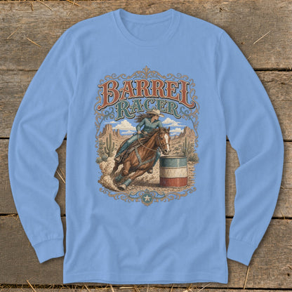 Barrel racer on horseback rounding a barrel in a desert landscape with text.