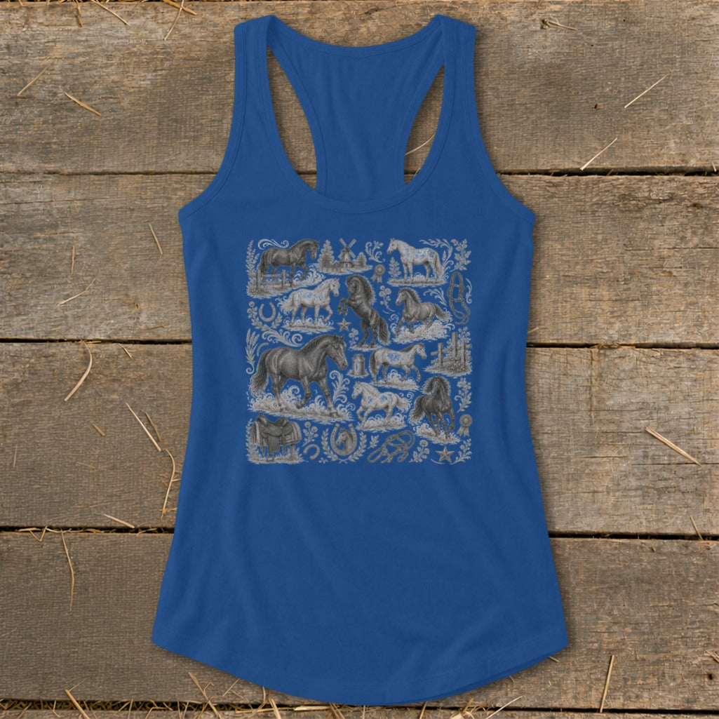 Blue tank top with a collage of horse illustrations and equestrian-themed details.