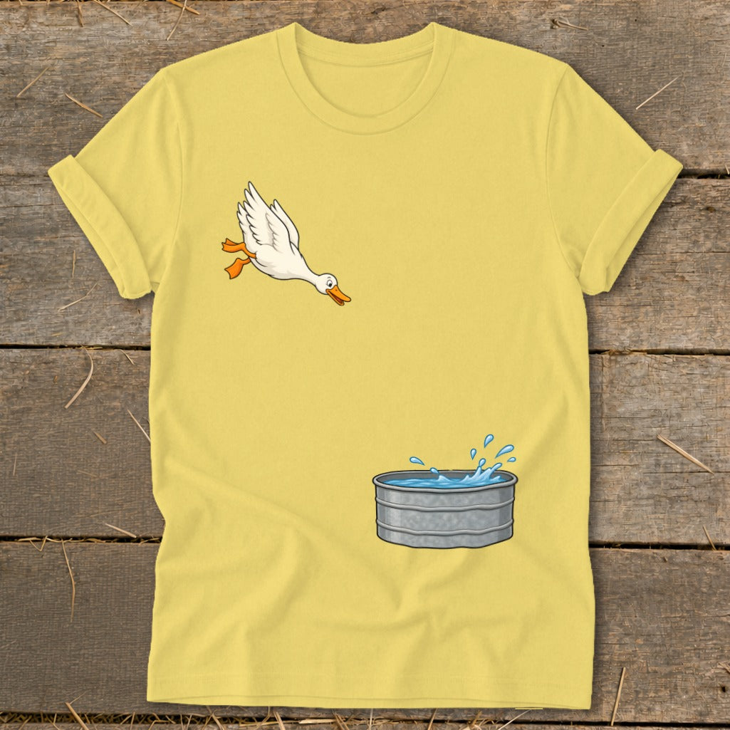 Yellow t-shirt with a cartoon goose mid-air above a water-filled tub.