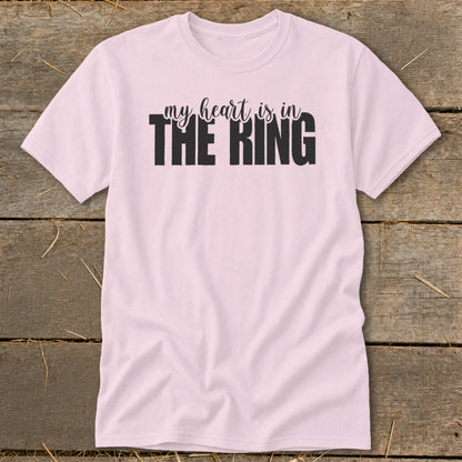 Pink t-shirt with black text reading "my heart is in THE RING".