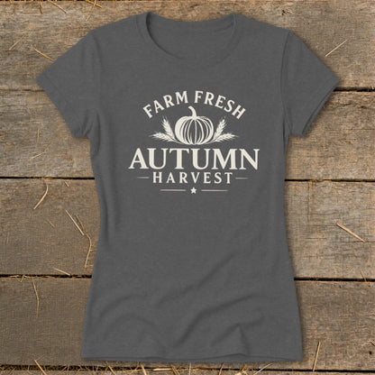Gray t-shirt with white text and a pumpkin graphic reading "Farm Fresh Autumn Harvest".