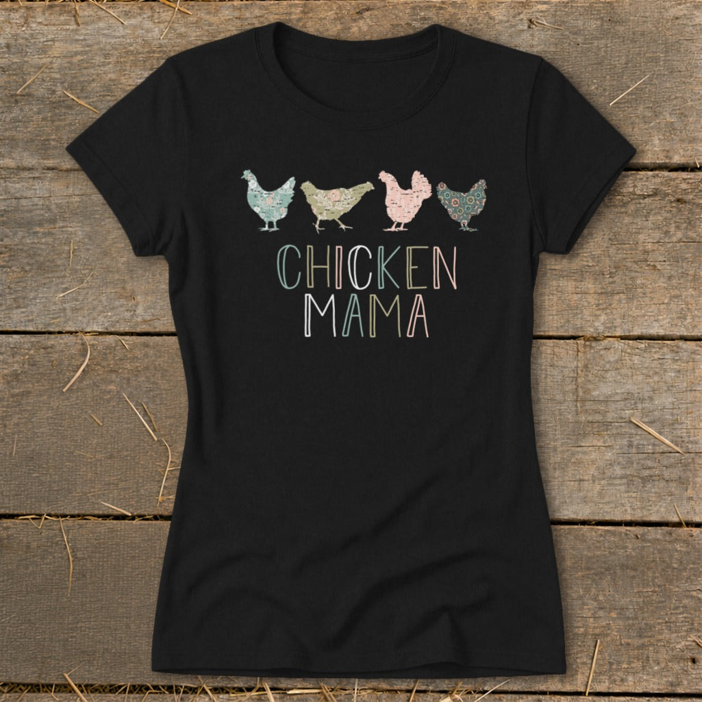 Black t-shirt with four patterned chickens and "CHICKEN MAMA" text.