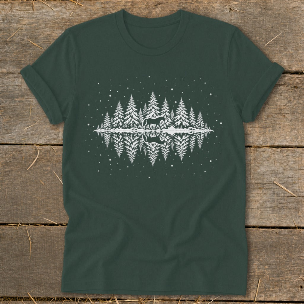 Dark green t-shirt with white graphic of horse, trees, and reflection.