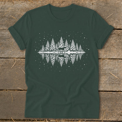 Dark green t-shirt with white graphic of horse, trees, and reflection.