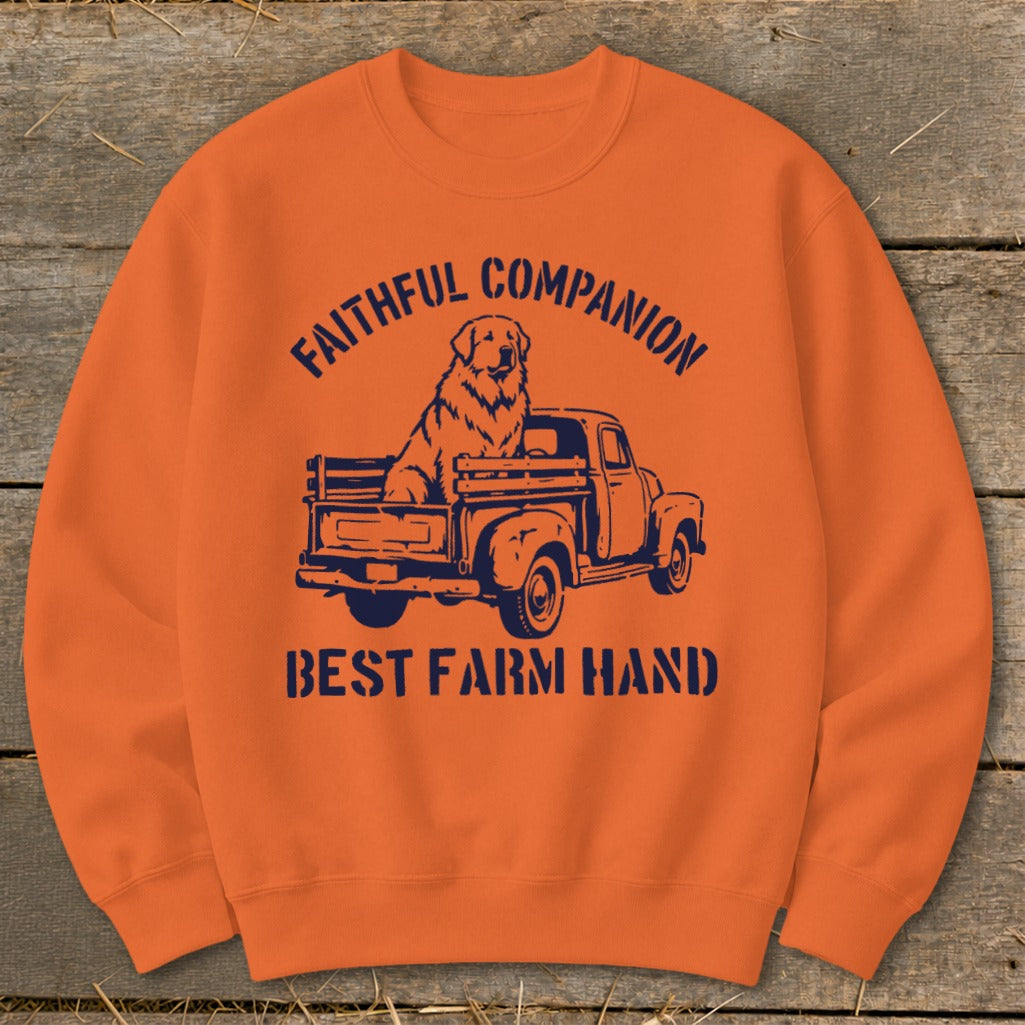 Orange sweatshirt with "Faithful Companion" and dog in truck graphic, "Best Farm Hand" text.