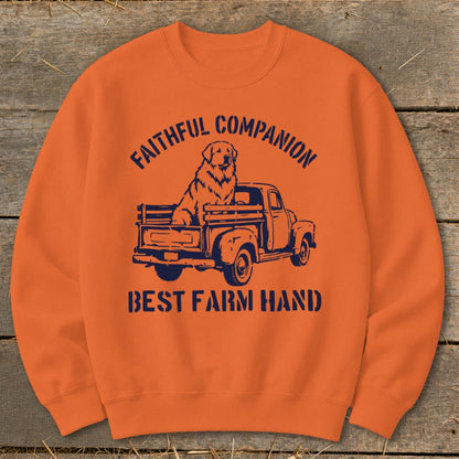 Orange sweatshirt with "Faithful Companion" and dog in truck graphic, "Best Farm Hand" text.