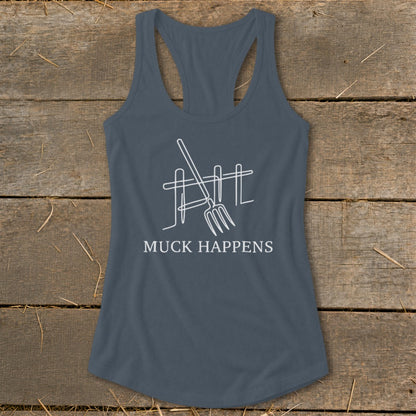 Gray tank top with white line drawing of pitchfork and fence, text reads "MUCK HAPPENS".
