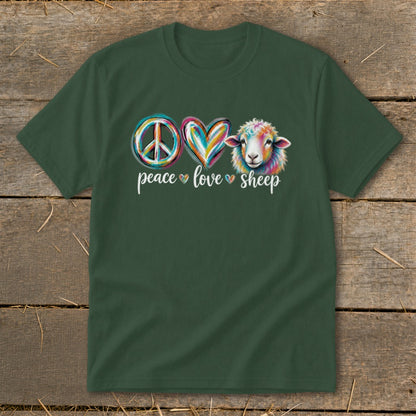 Green t-shirt with peace, heart, and sheep graphic and text "peace love sheep."