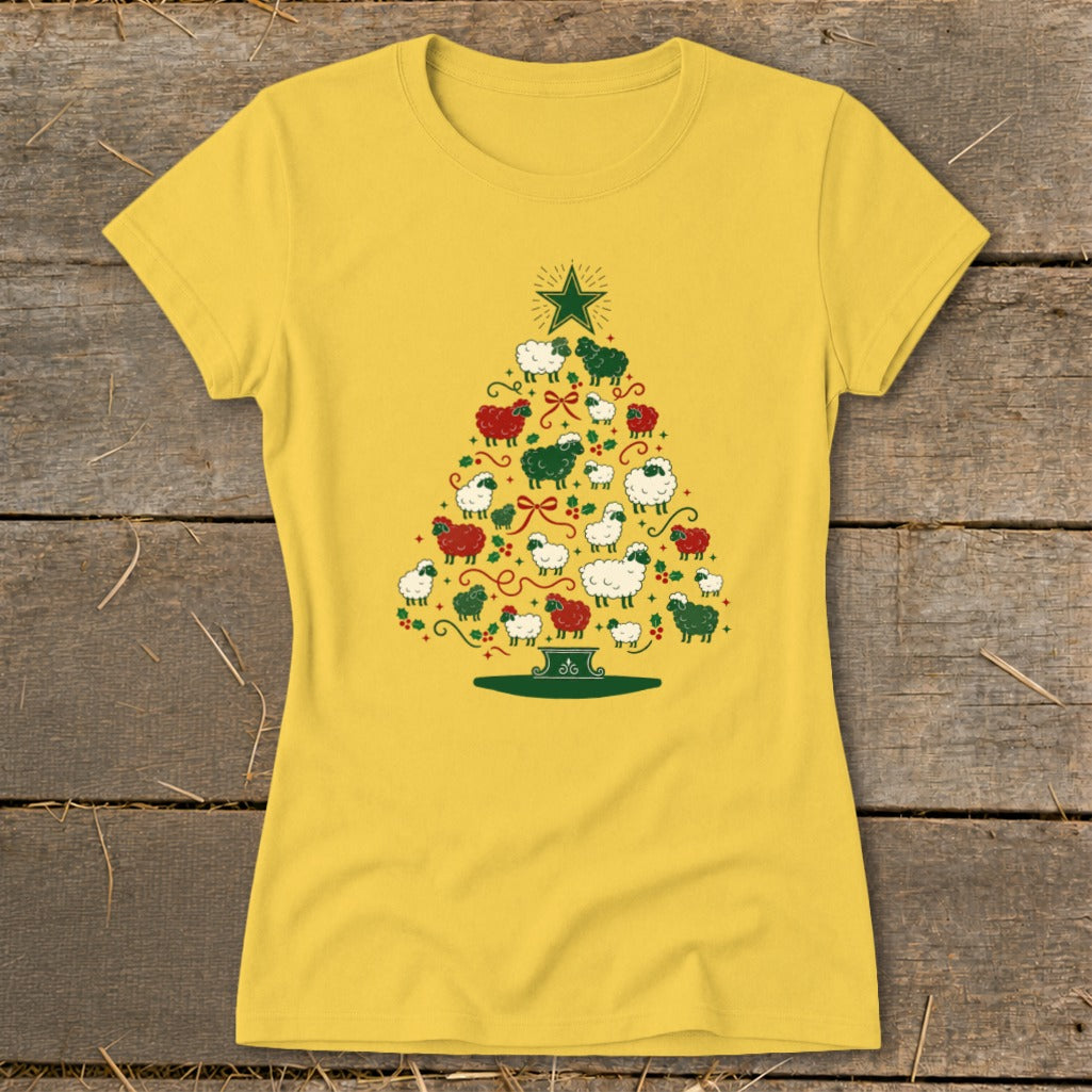 Yellow t-shirt with a Christmas tree made of sheep, holly, and a star.