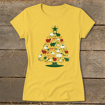Yellow t-shirt with a Christmas tree made of sheep, holly, and a star.
