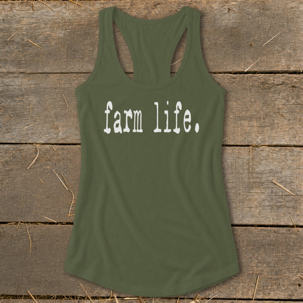 Green racerback tank top with "farm life." in white text.
