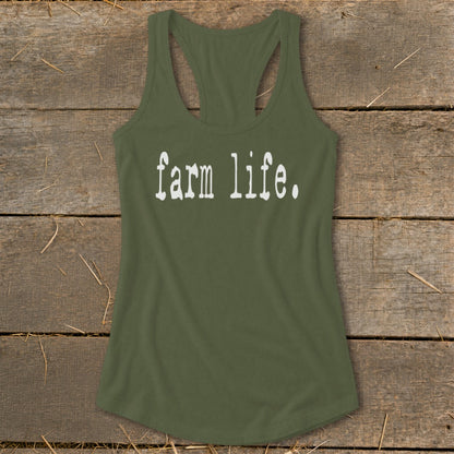 Green racerback tank top with "farm life." in white text.