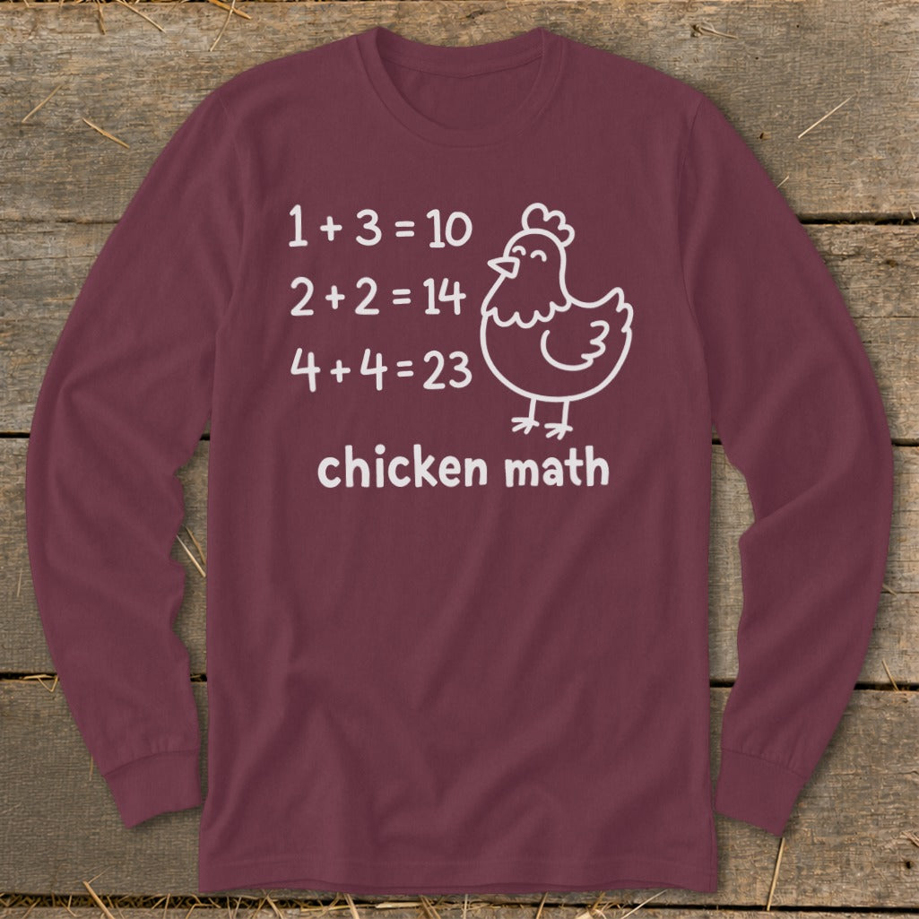 Maroon long-sleeve shirt with "chicken math" and funny math equations.