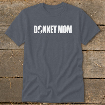 A dark grey crewneck t-shirt with the white text DONKEY MOM featuring a donkey silhouette inside the letter O.