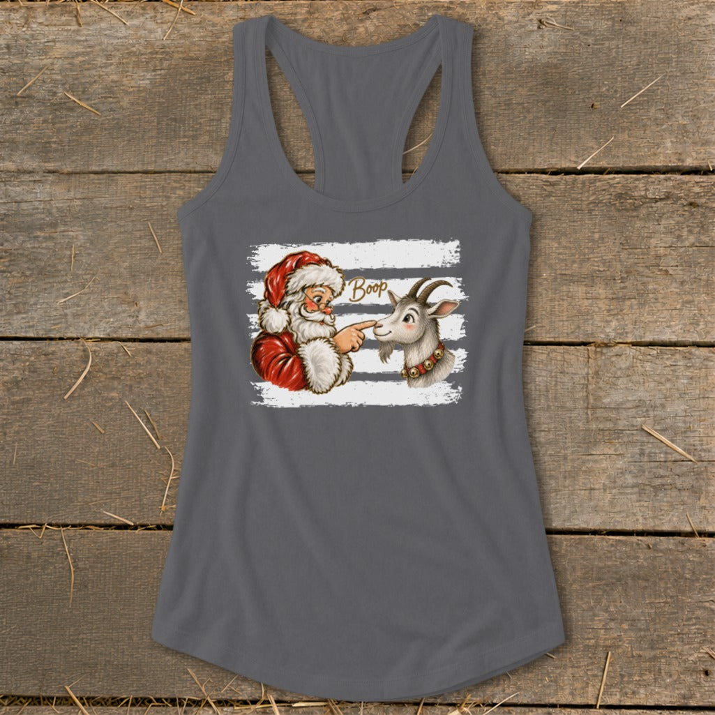 Santa booping a goat with the word "Boop" on a white striped background.