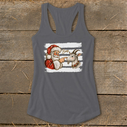 Santa booping a goat with the word "Boop" on a white striped background.