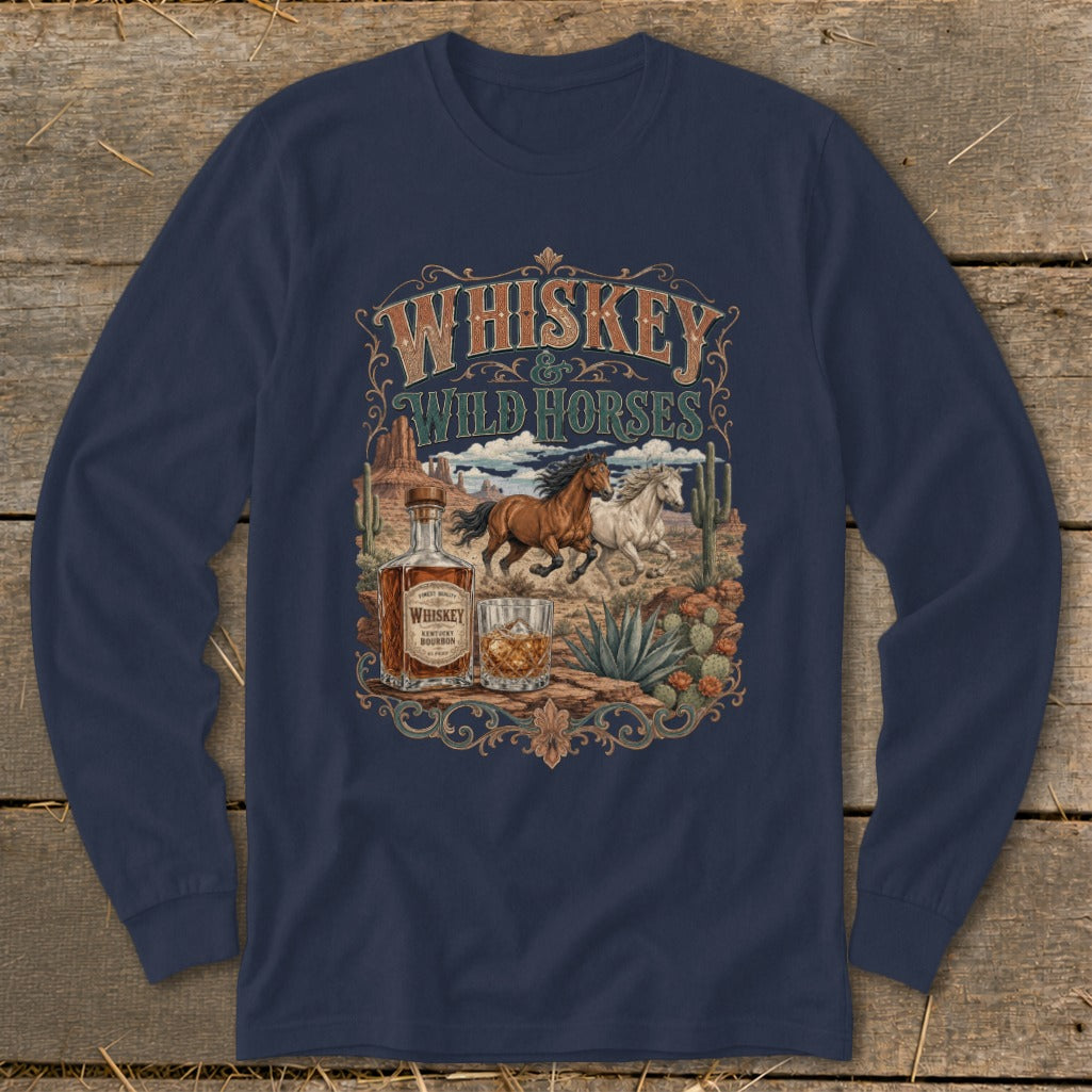 Long sleeve navy shirt with "Whiskey & Wild Horses" desert scene graphic.