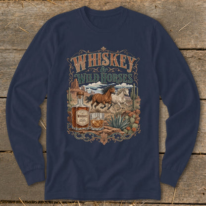 Long sleeve navy shirt with "Whiskey & Wild Horses" desert scene graphic.