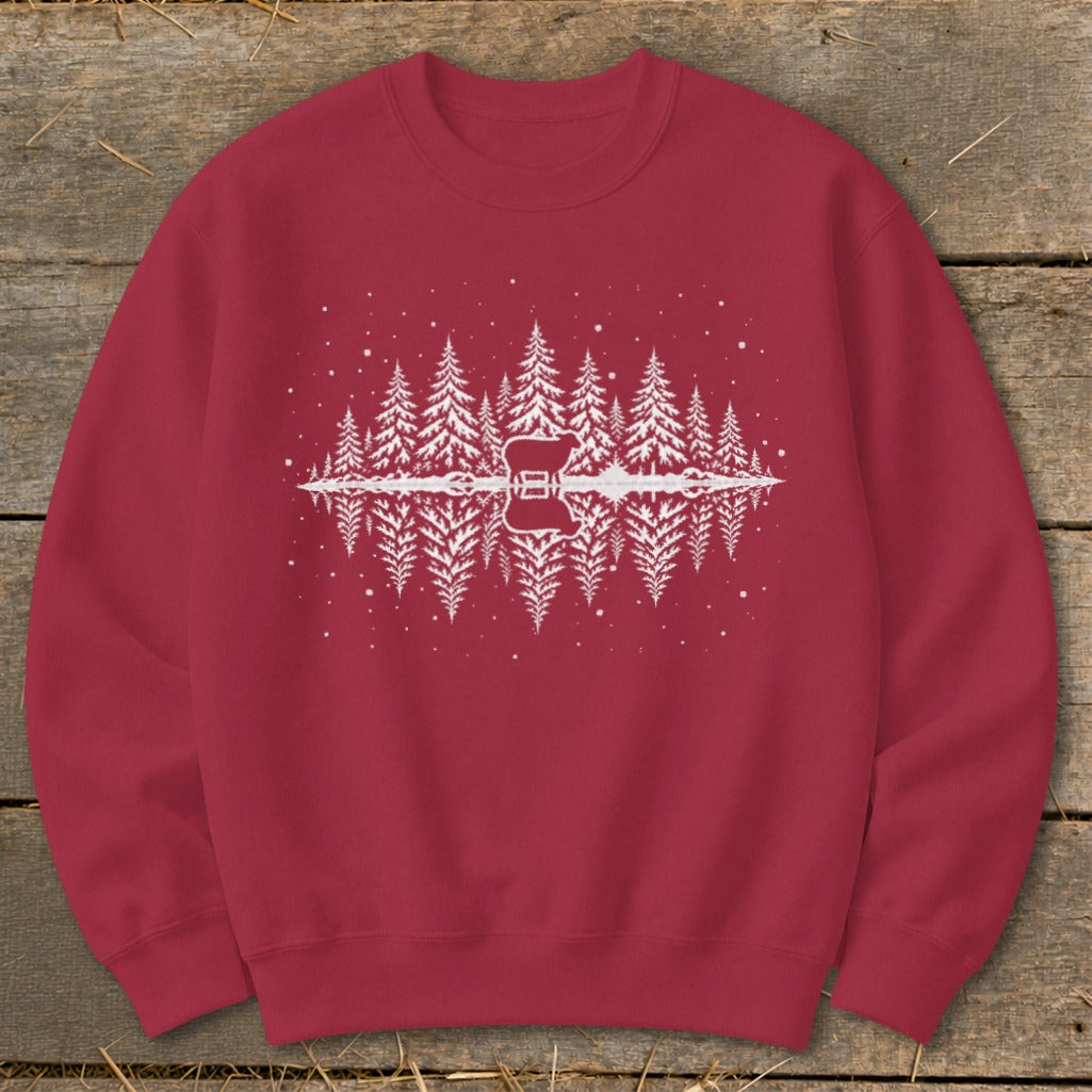 Red sweatshirt with white graphic of sheep, trees, and guitar reflection.