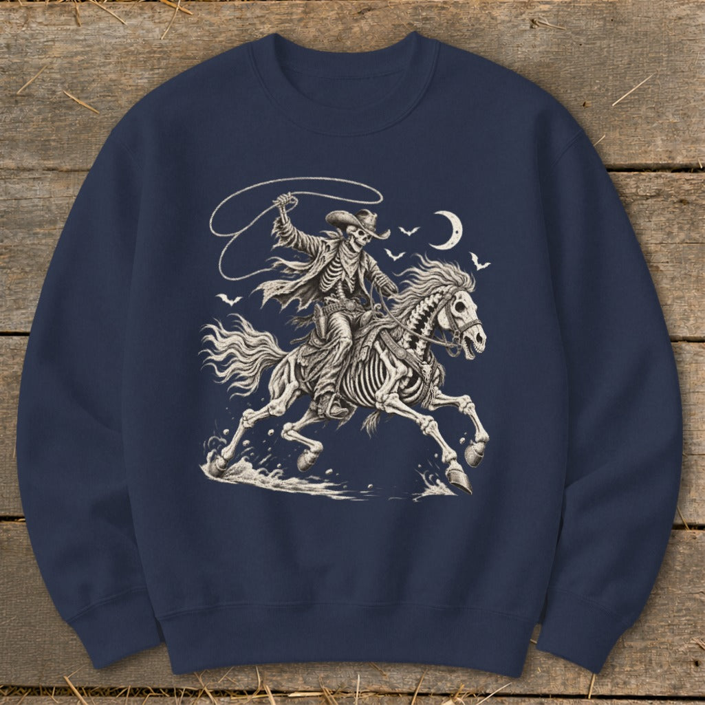 Skeleton cowboy on horseback with lasso and crescent moon.