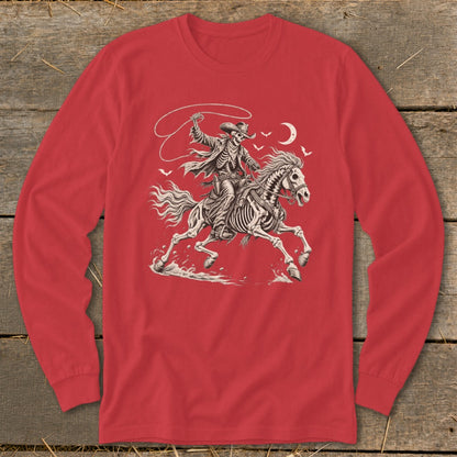 Red long-sleeve shirt featuring a skeleton cowboy on a skeletal horse, lasso in hand.