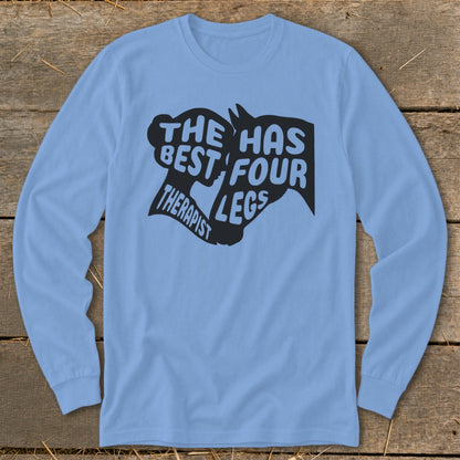Light blue long sleeve shirt with black graphic text "THE HAS BEST FOUR THERAPIST LEGS".