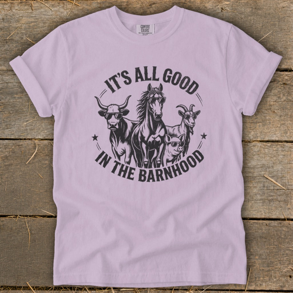 Farm animals with sunglasses wearing t-shirt with text "IT'S ALL GOOD IN THE BARNHOOD".