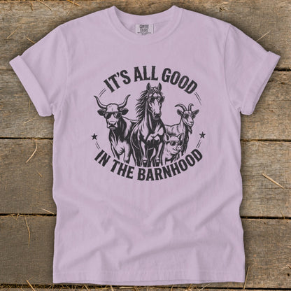 Farm animals with sunglasses wearing t-shirt with text "IT'S ALL GOOD IN THE BARNHOOD".