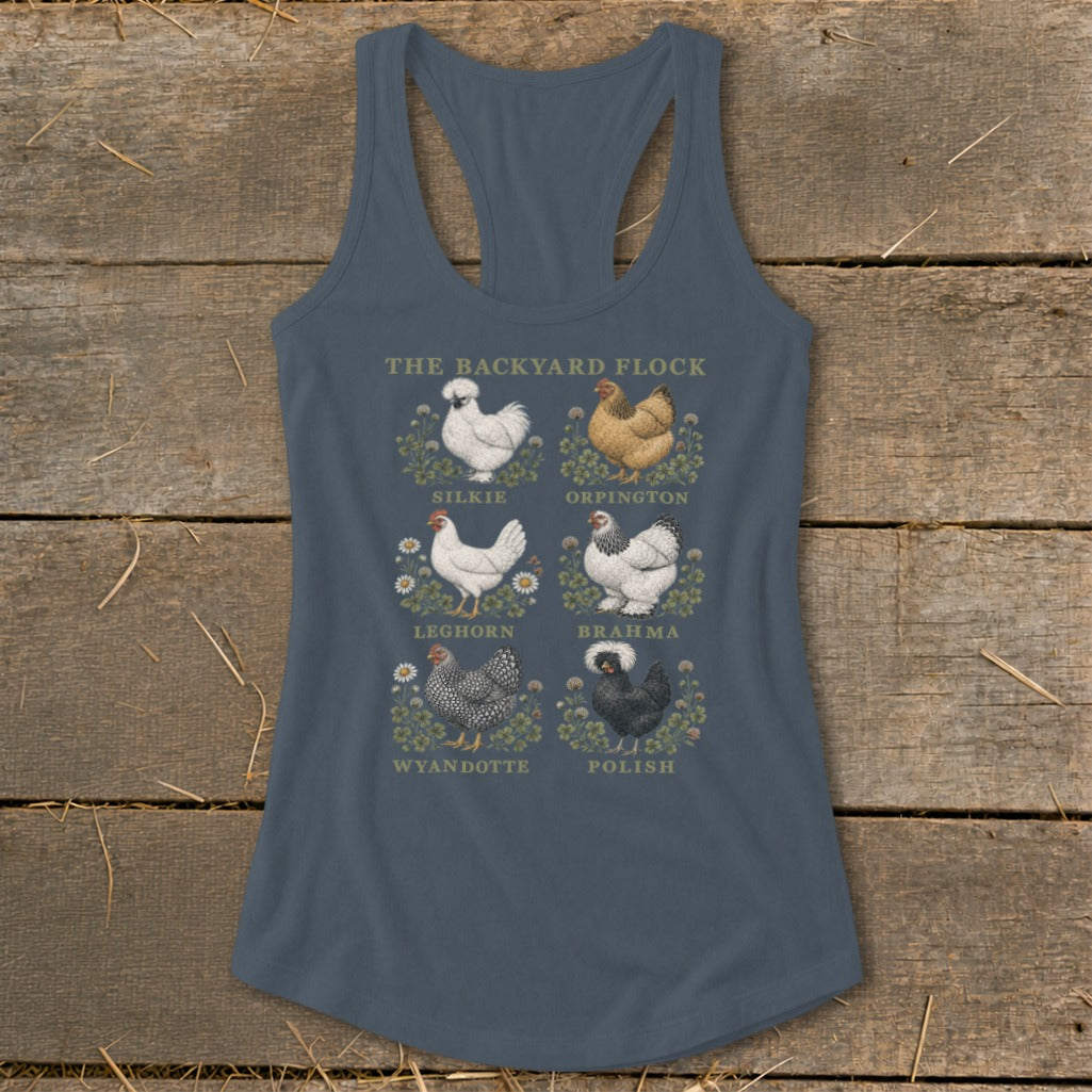 Tank top with "The Backyard Flock" title and illustrations of six chicken breeds.