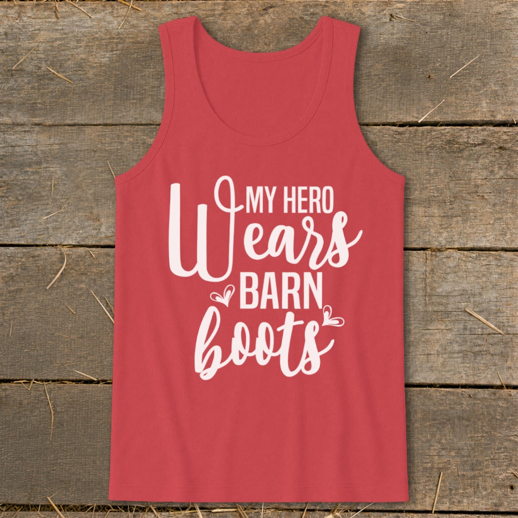 Red tank top with white text "MY HERO Wears BARN boots".