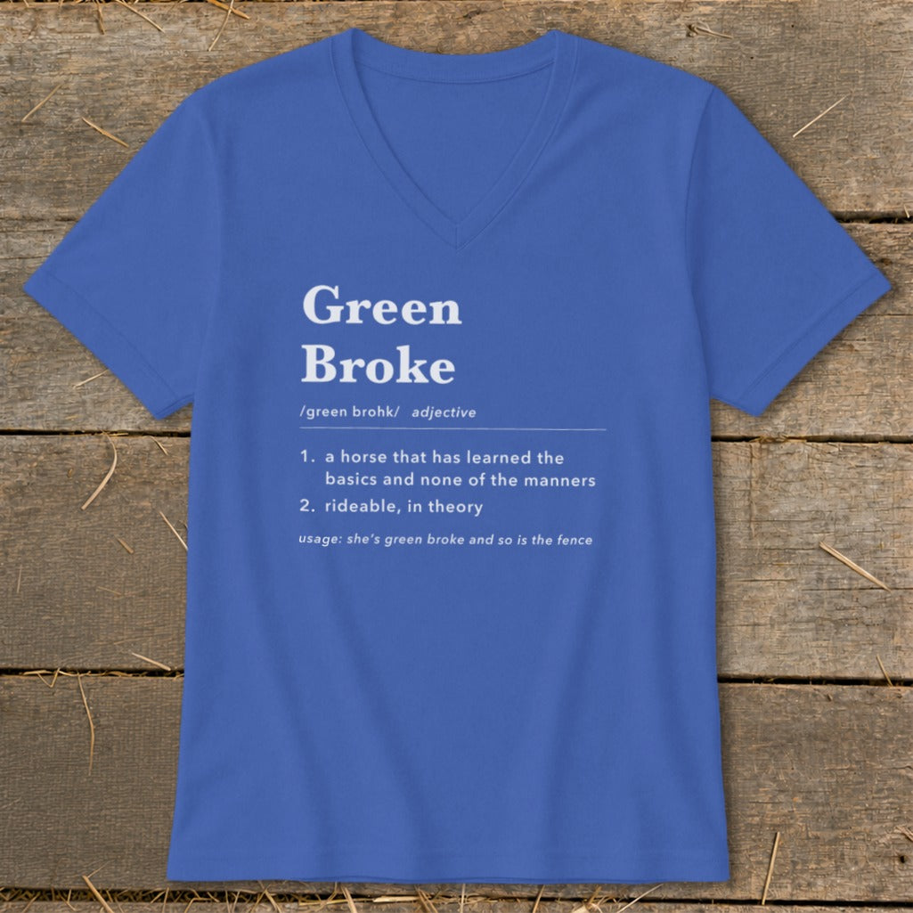 Blue V-neck t-shirt featuring the definition of Green Broke printed in white on the front.
