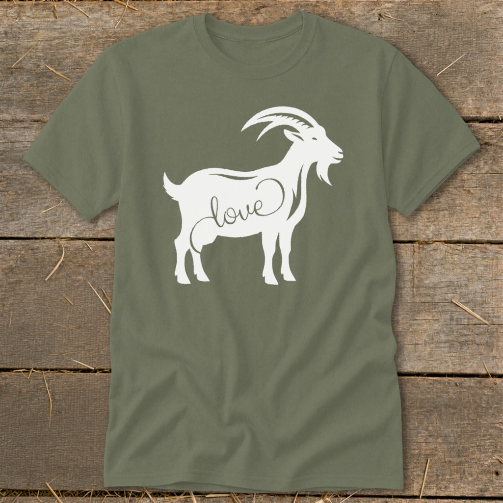 Olive green t-shirt with a white goat silhouette and the word "love" inside its body.