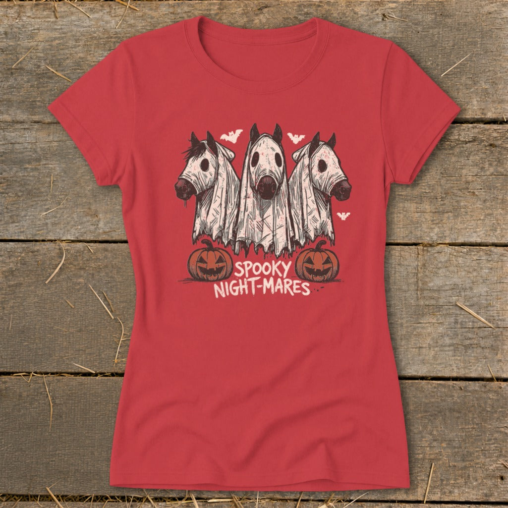 Red t-shirt with three horses dressed as ghosts and "Spooky Night-Mares" text.