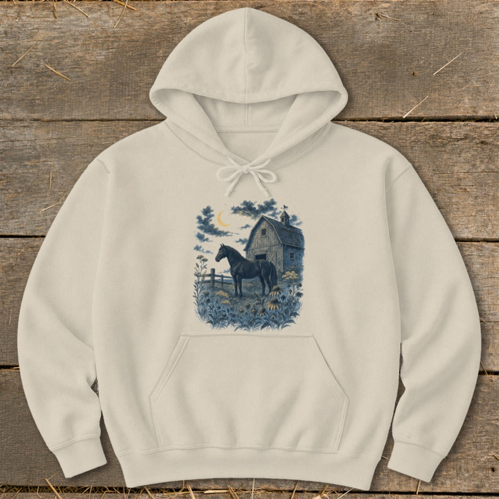 Cream hoodie with a graphic of a black horse and barn under a crescent moon.