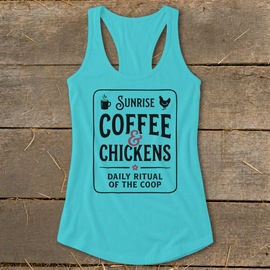 Teal tank top with "Sunrise Coffee & Chickens, Daily Ritual of the Coop" graphic.