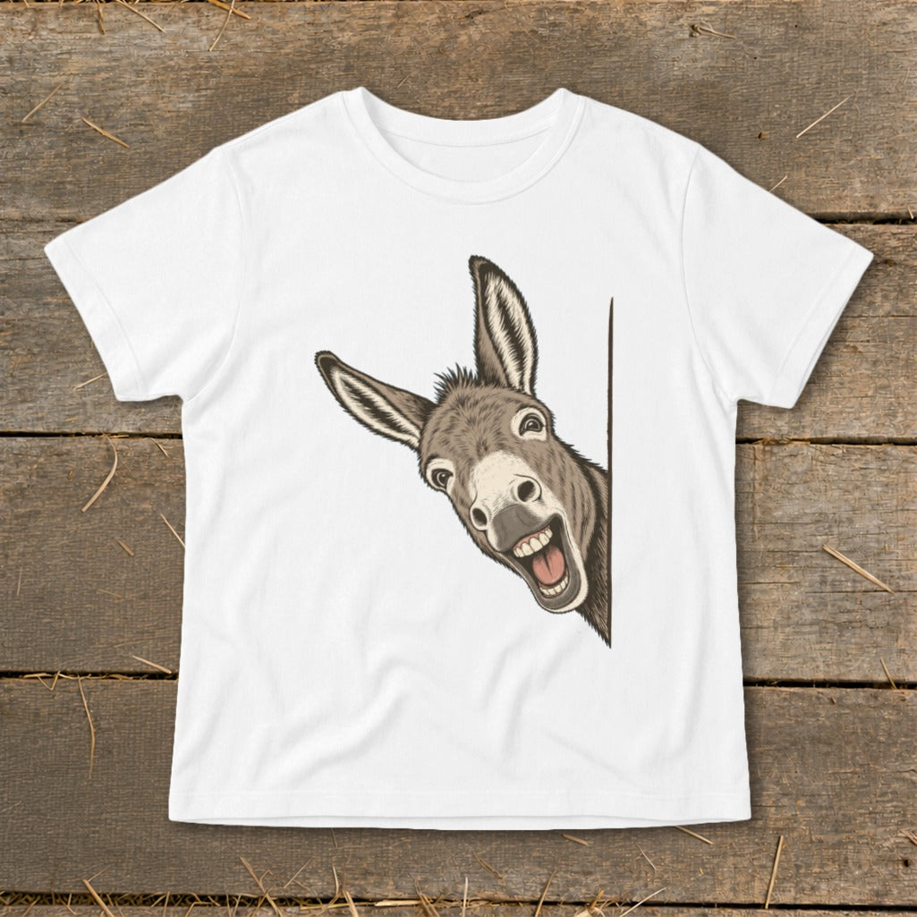 White t-shirt with a happy cartoon donkey peeking over a white border.