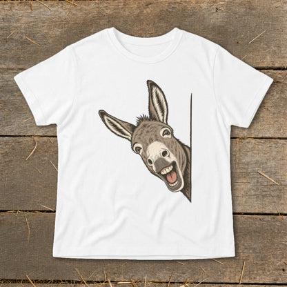 White t-shirt with a happy cartoon donkey peeking over a white border.