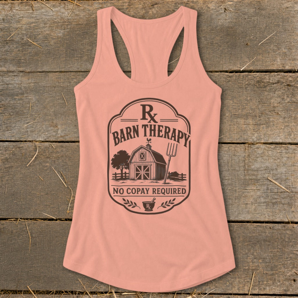 Peach tank top with "Barn Therapy" graphic featuring a barn, pitchfork, and Rx symbol.