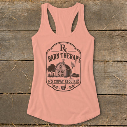 Peach tank top with "Barn Therapy" graphic featuring a barn, pitchfork, and Rx symbol.