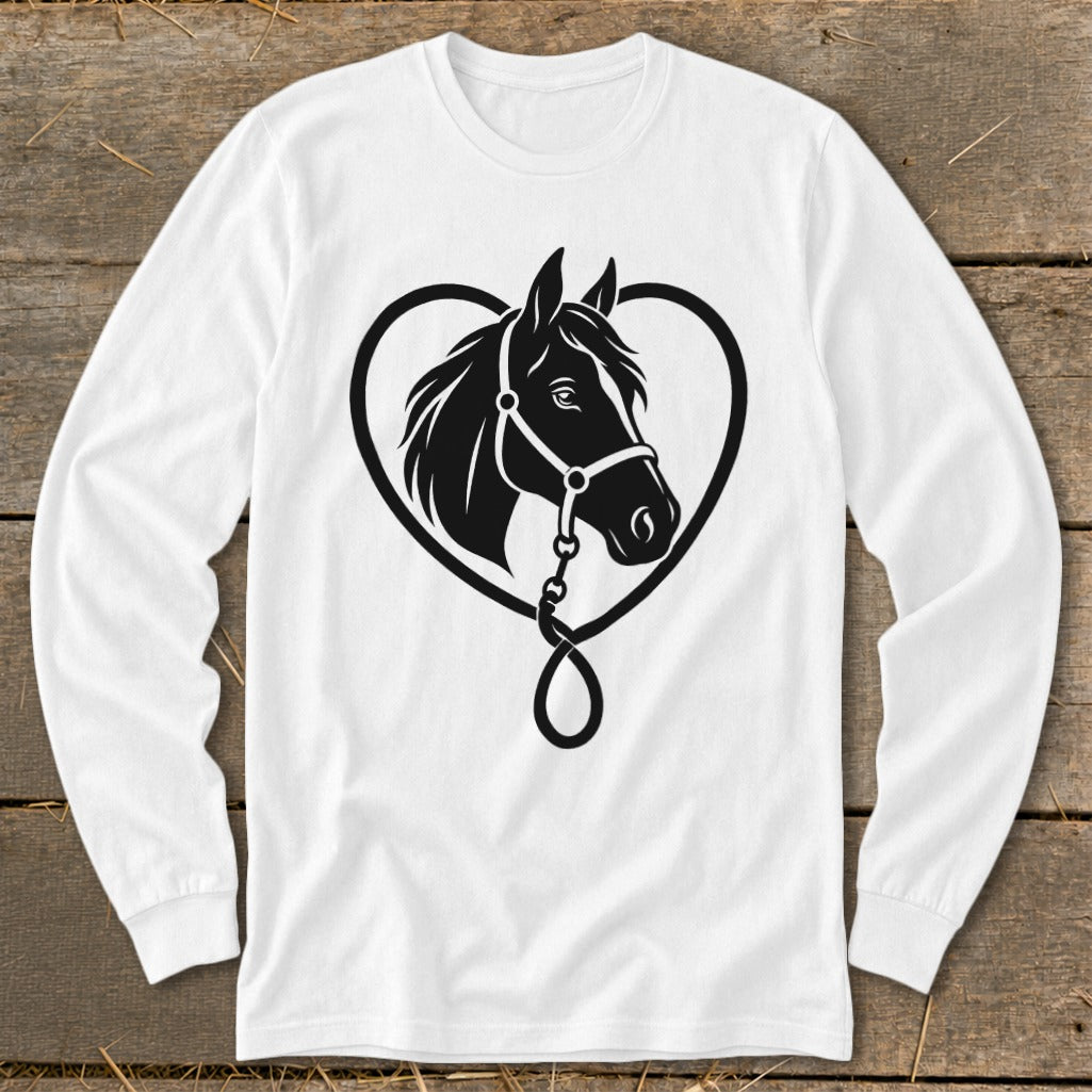 A white long-sleeved t-shirt featuring a black graphic of a horse's head framed by a heart and lead rope.