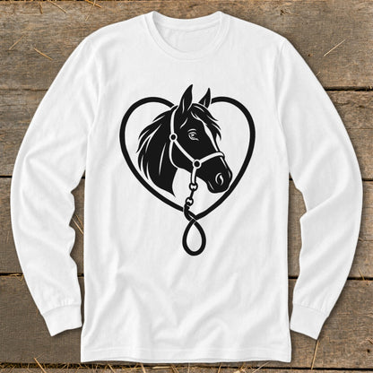 A white long-sleeved t-shirt featuring a black graphic of a horse's head framed by a heart and lead rope.