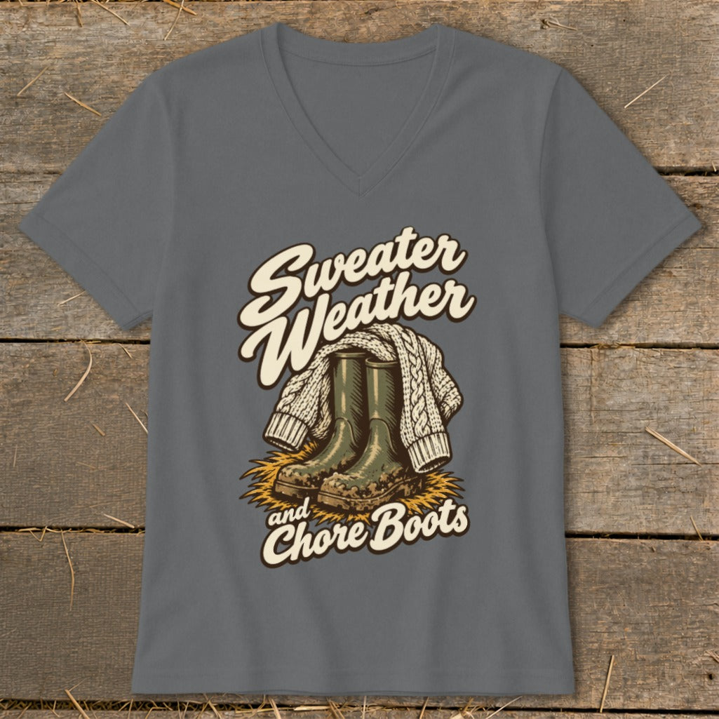 T-shirt with "Sweater Weather and Chore Boots" graphic featuring boots and sweater.