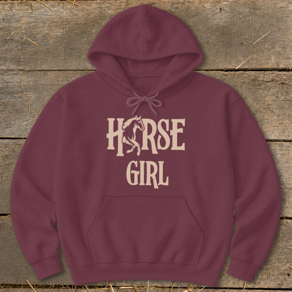 Maroon hoodie with "Horse Girl" text and horse graphic.
