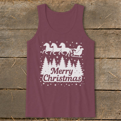 Maroon tank top with white Christmas design featuring Santa in a sleigh pulled by horses, trees, and text.