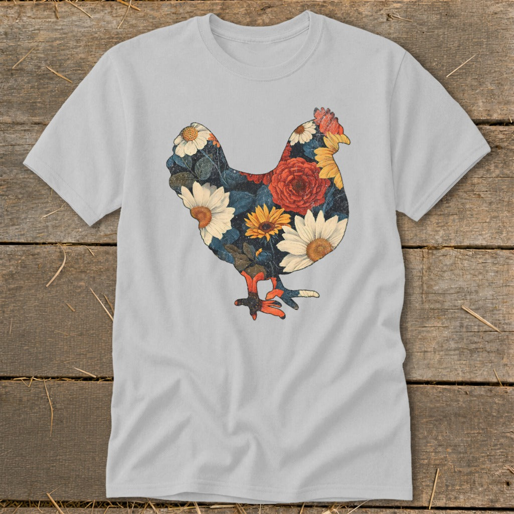 Gray t-shirt with a chicken graphic filled with colorful floral patterns.