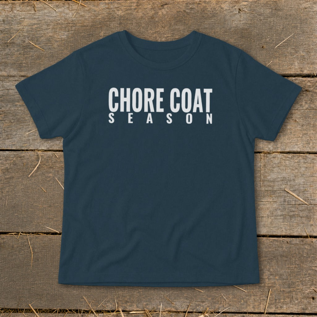 Dark blue t-shirt with "CHORE COAT SEASON" text in white.
