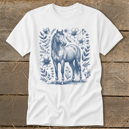 White t-shirt with a blue sketch of a horse surrounded by flowers and leaves.