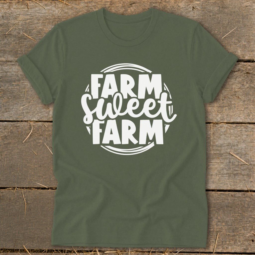 Olive green t-shirt with white text that reads "FARM Sweet FARM" inside a circular design.