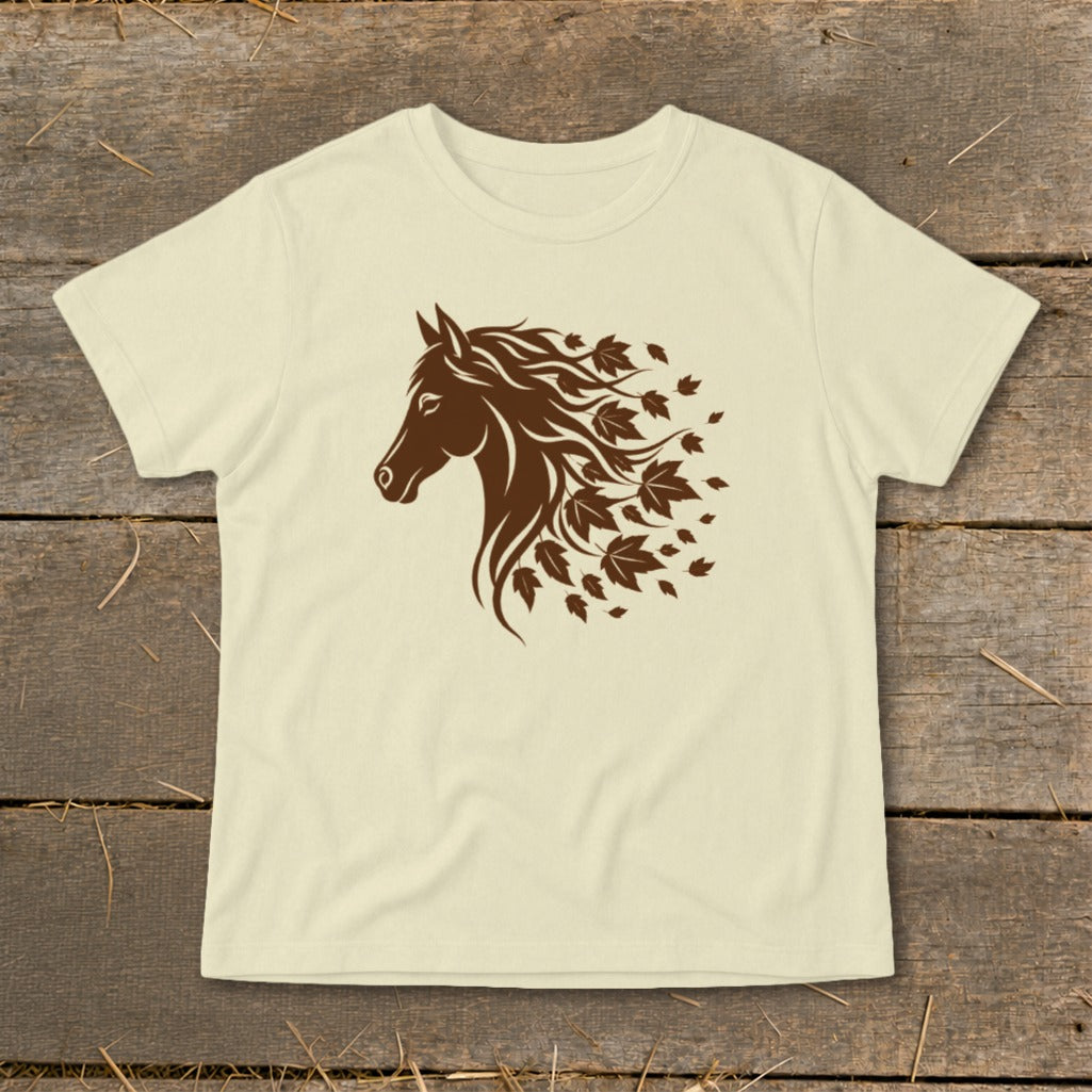 Cream t-shirt with a brown horse head design with leaves for a mane.